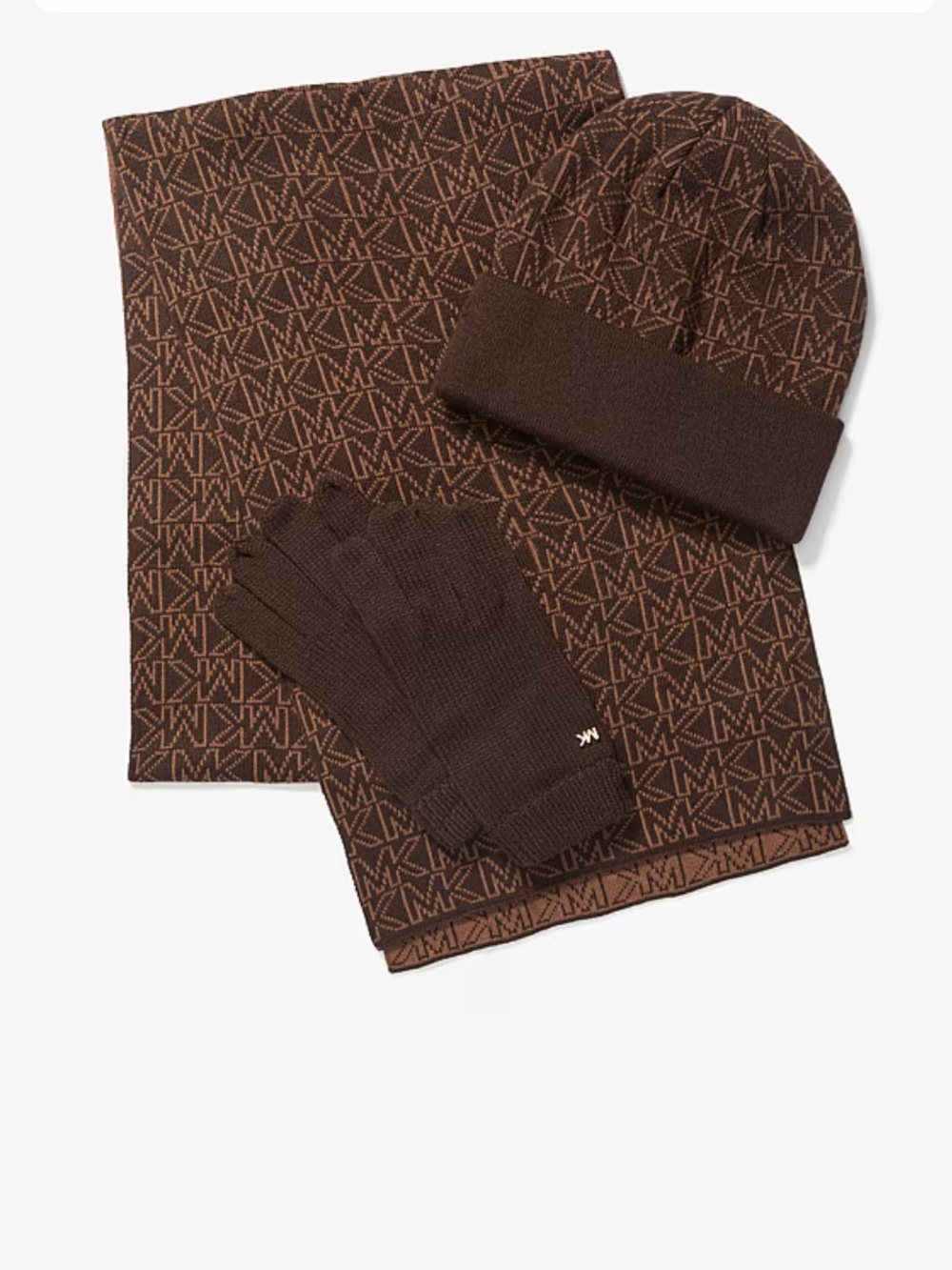 NWT Michael Kors Logo Knit 3-Piece Cold-Weather Set Chocolate Scarf Hat Gloves
